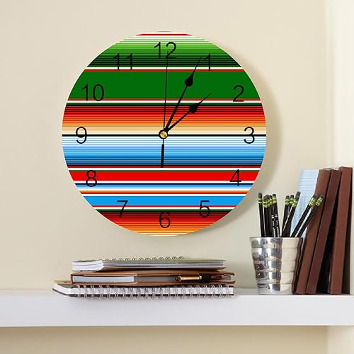 Miniatura 2 de Reloj de pared silencioso de 10 pulgadas, sin tictac, verde, rojo, naranja, azul, rayas mexicanas, reloj decorativo redondo para sala de estar,