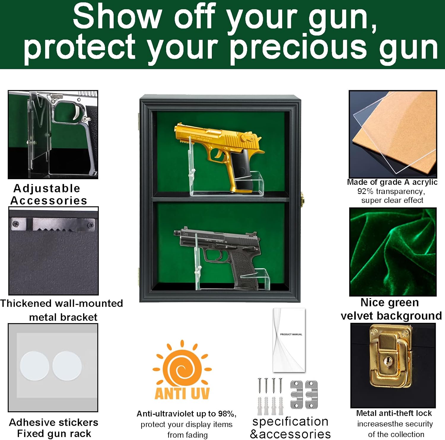 2 Handgun Pistol Revolver Gun Display Case Wall Mount Lockable Black Felt Wood Cabinet w/ 98% UV Protection Acrylic Clear Door Gun Shadow Box Stand Rack Holder