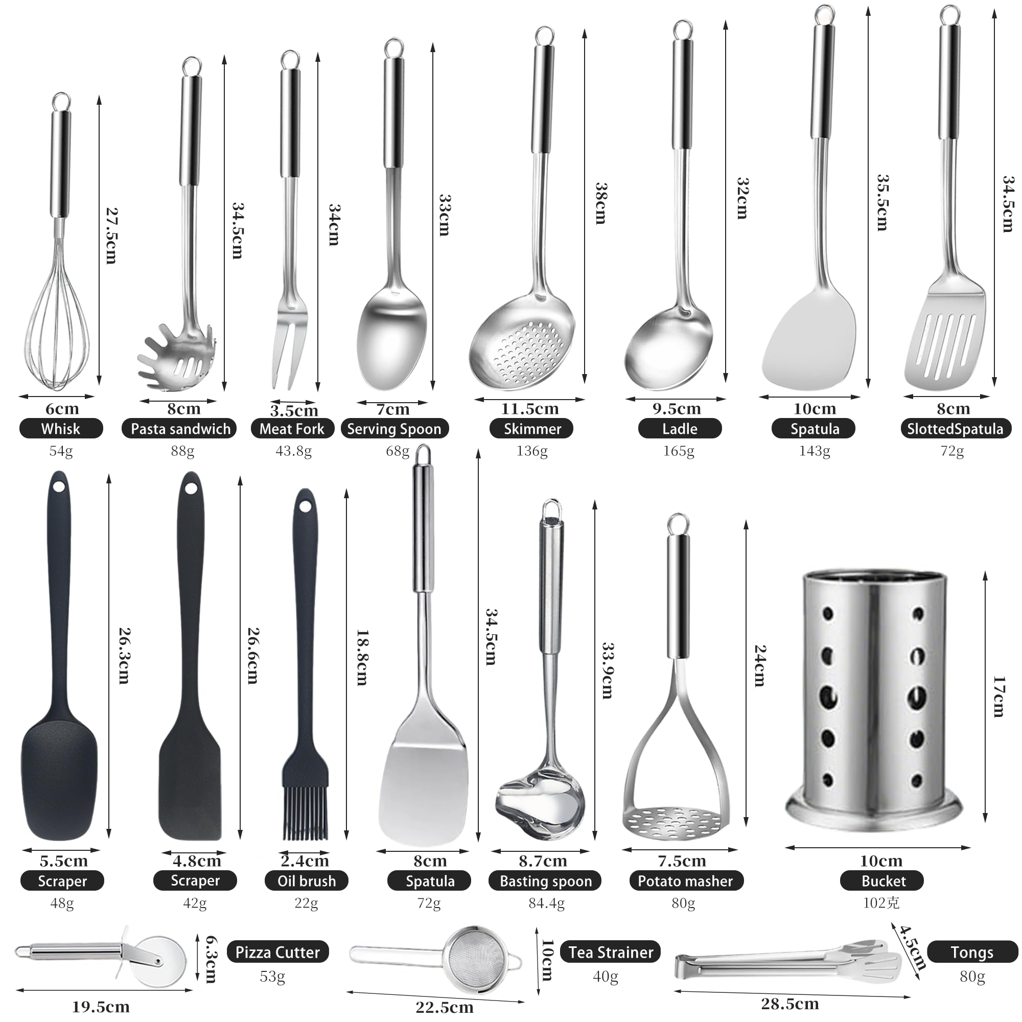 Lot de 18 Ustensile de Cuisine en Acier Inoxydable, Avec Spatule, Louche, Pelle, Spatule Fendue, Passoire, Fourchette à Viande, Cuillère à huile, Batte à œufs, Presse-Purée, Roulette à Pizza, Brosse