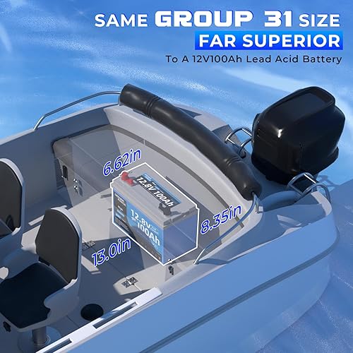 Vista 5 de Batería LiFePO4 de doble propósito Group31 de 12.8 V100 Ah, BMS de 200 A incorporada, impermeable IP66 y batería de litio de arranque marino de 900