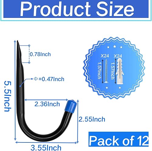 Miniatura 2 de Ganchos de almacenamiento de garaje, ganchos de pared de garaje para colgar, perchas resistentes en J, paquete de 12 (12G-3.5 pulgadas 12)