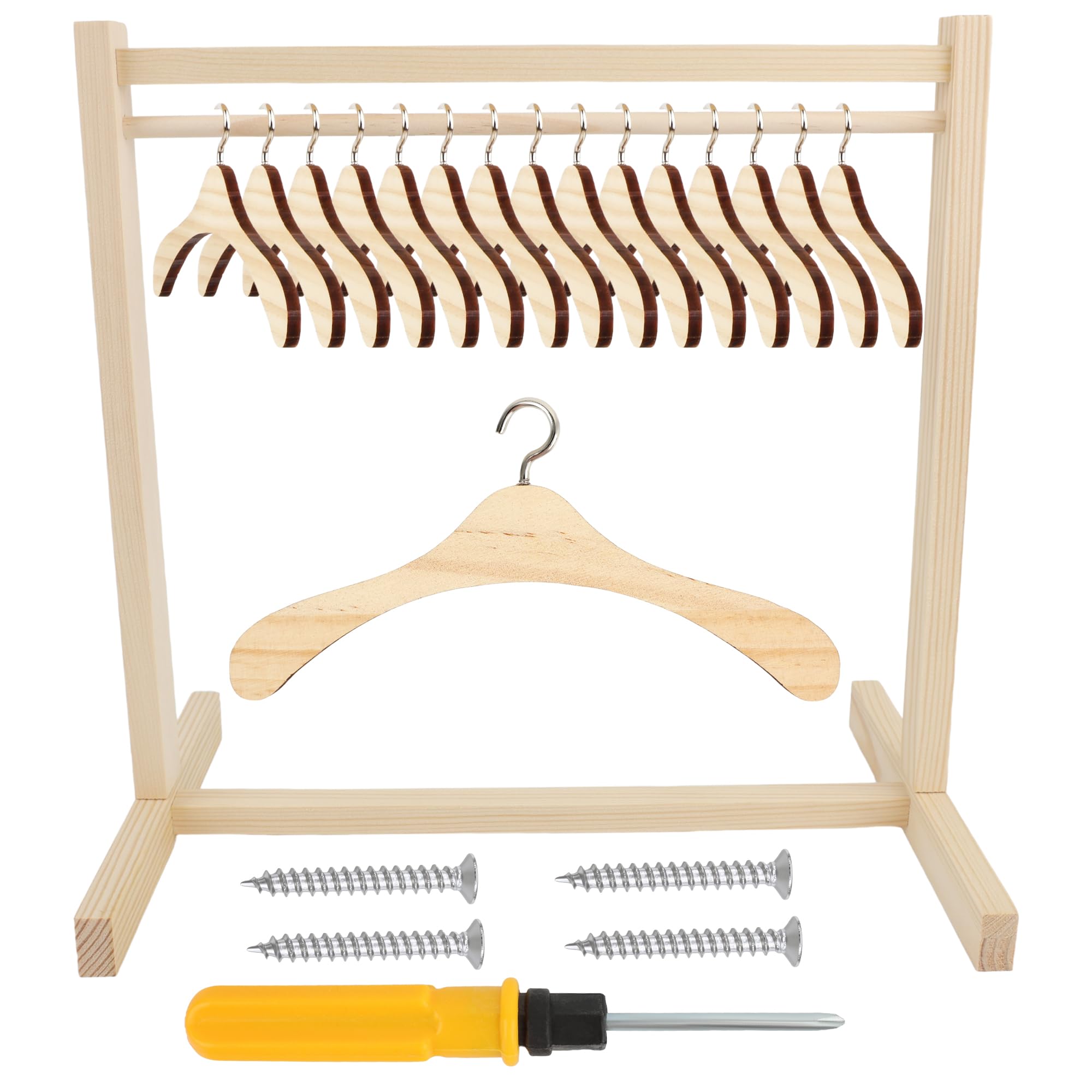 17 Pcs Wood Doll Garment Rack with Wooden Clothes Hanger Mini Wooden Girl Doll Clothes Hanger Organizer Storage Shelf for 18 Inch Girl Doll Clothes