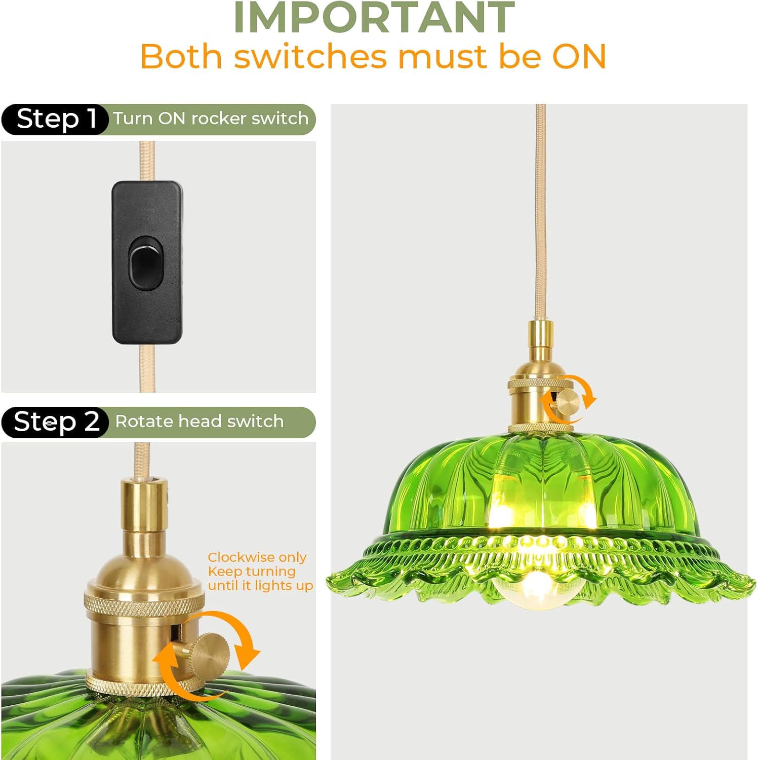 Plug in Pendant Light Green Glass Hanging Lights with Plug in Cord Mid Century Modern Vintage Dimmable Flower Plug in Pendant Light Fixtures for Living Room,Bedroom,Dining Room