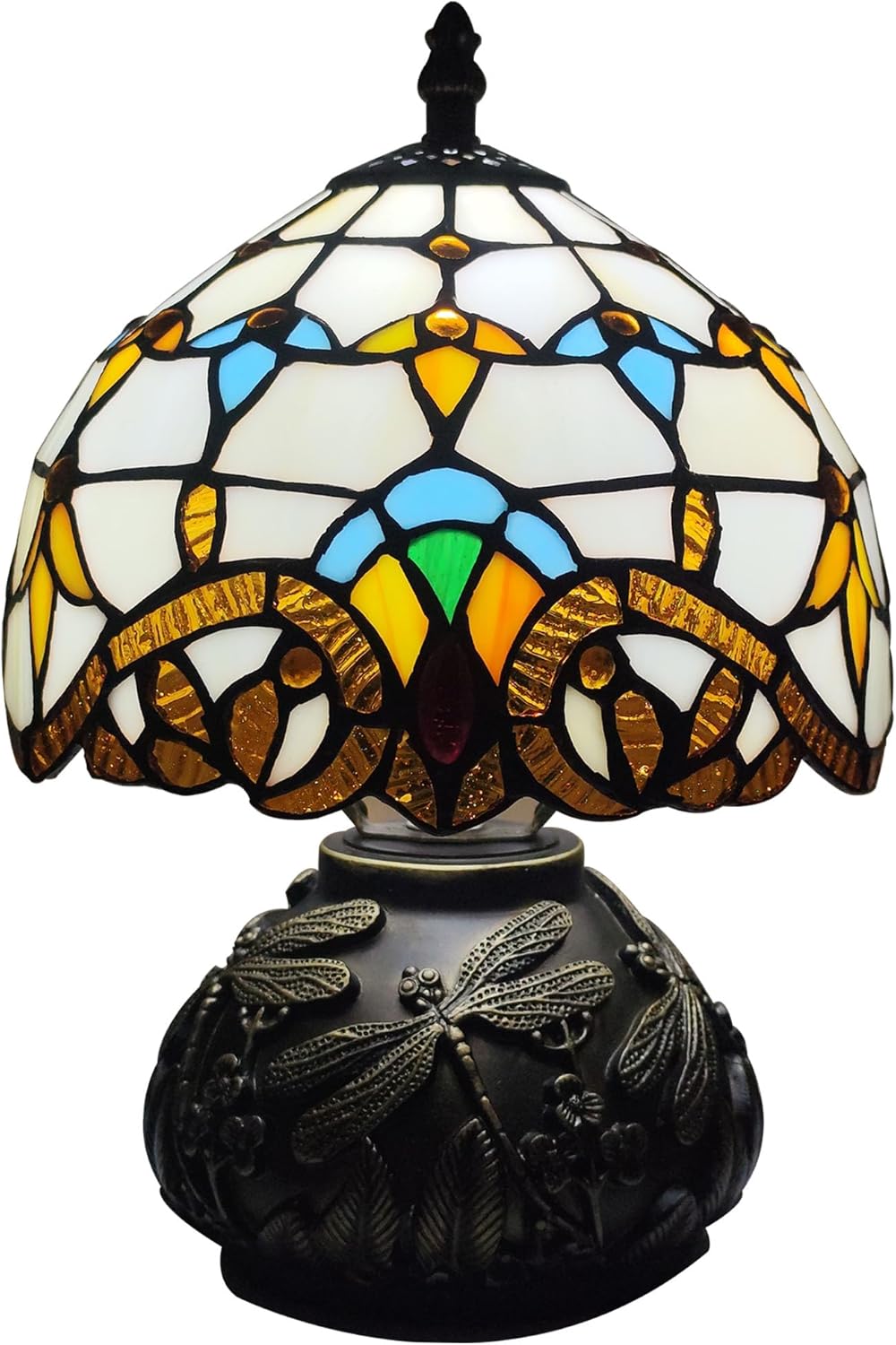 Tiffany Table Lamp 3-Way Stained Glass Style Bedside Reading Lamp Village Bedroom Nightstand Light 12inch Tall Office Home Decor Retro Unique Accent Lamp (Beige Baroque)