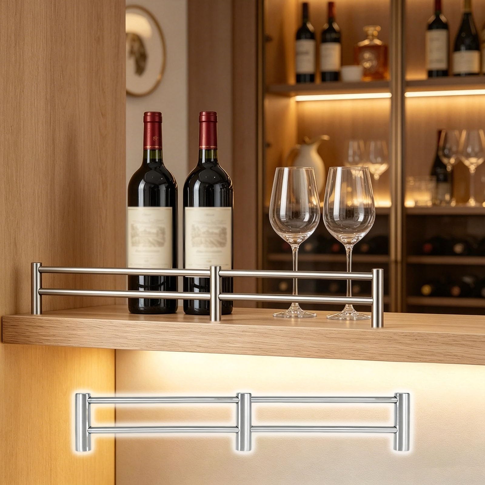 Stainless Steel Wine Cabinet Shelf Fence, Double Guard Rail Barrier for Floating Shelves, Dia 6 mm Anti-Tipping Round Bar(H 2in/5cm,23in/58cm)