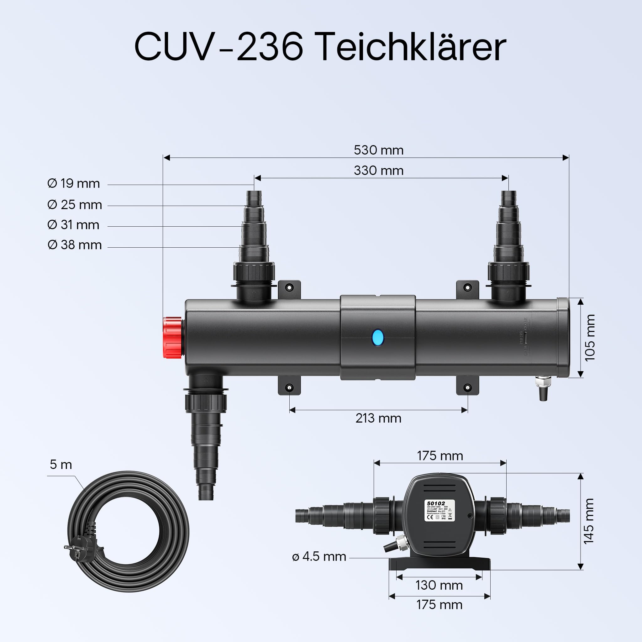 Wiltec CBF-350B Teichfilter bis 60000 L NEO10000 SuperECO Teichpumpe 10000l/h 80W CUV-236 UVC Klärer 36W 25m Schlauch 25 mm