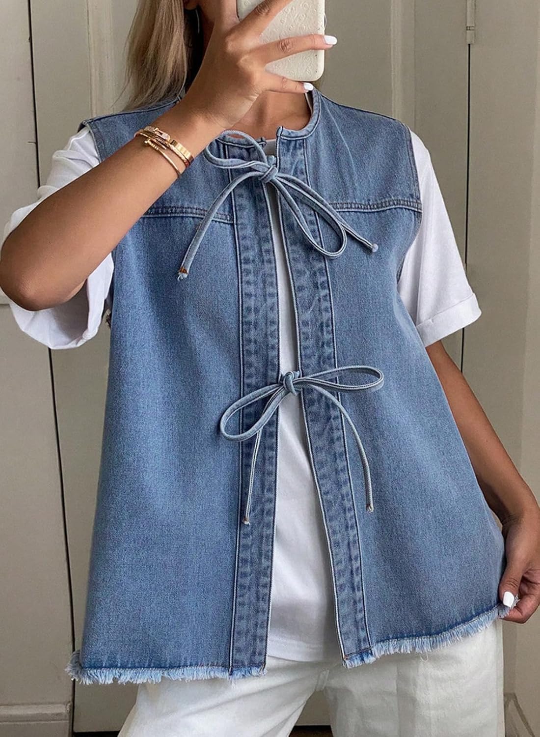 Astylish Womens Distressed Denim Vest Cute Bow Tie Henley Chambray Jeans Casual Sleeveless Trendy Jean Top Shirts - Image 2