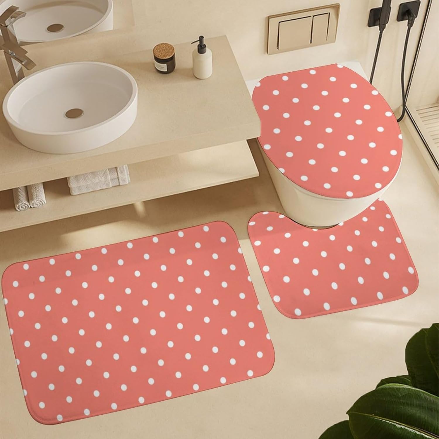 4 Pieces Shower Curtain Sets, Polka Dot Coral White Bathroom Sets with Shower Curtain & Rugs, Bathroom Decor Rug Toilet Lid Cover & Non-Slip U Shape Mat