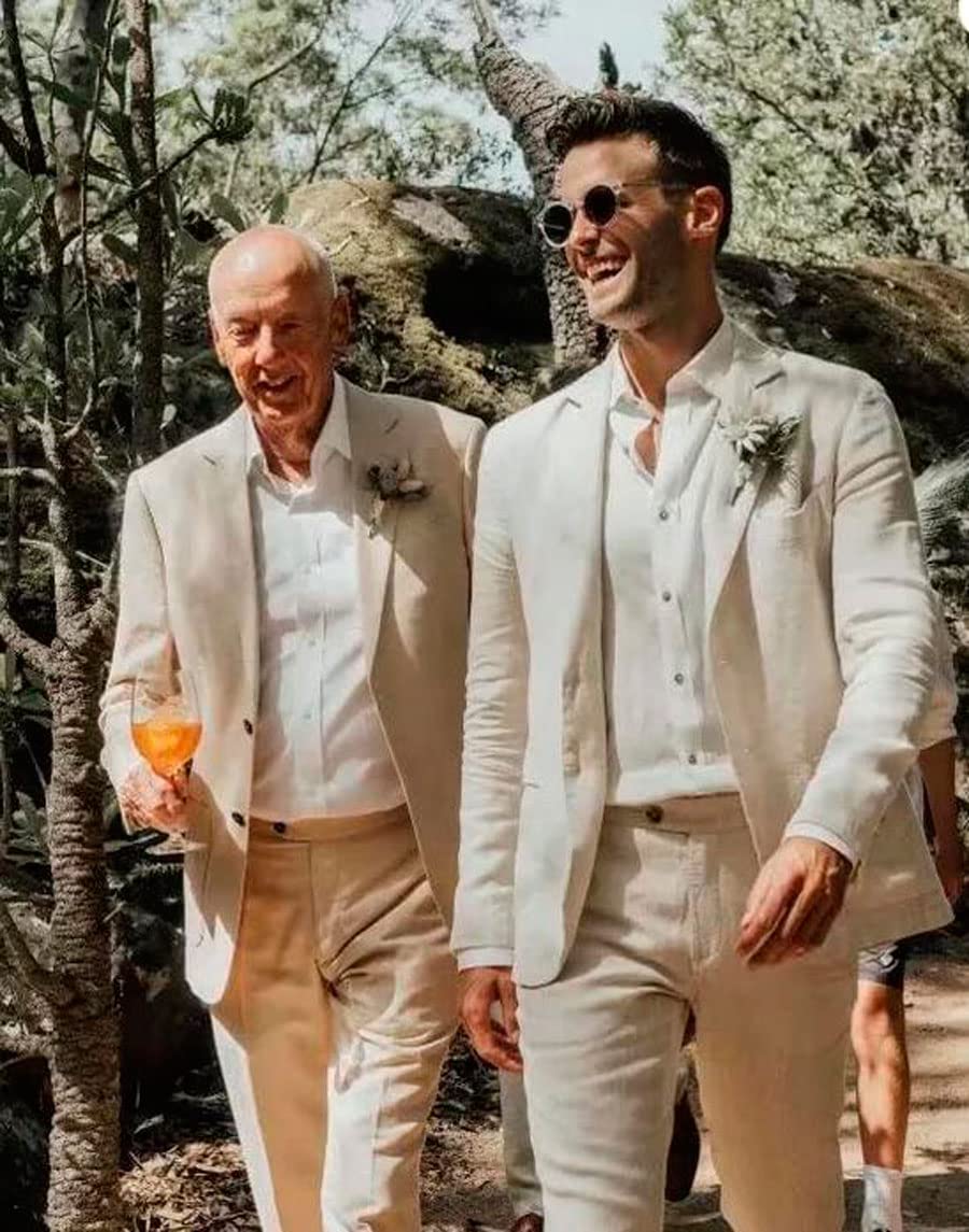 2 PC Lino Abiti da Sposa per Gli Uomini Peak Risvolto Prom Suit Regular Fit Sposo Smoking Estate Beach Suit Abbigliamento Casual, Blu reale, 54