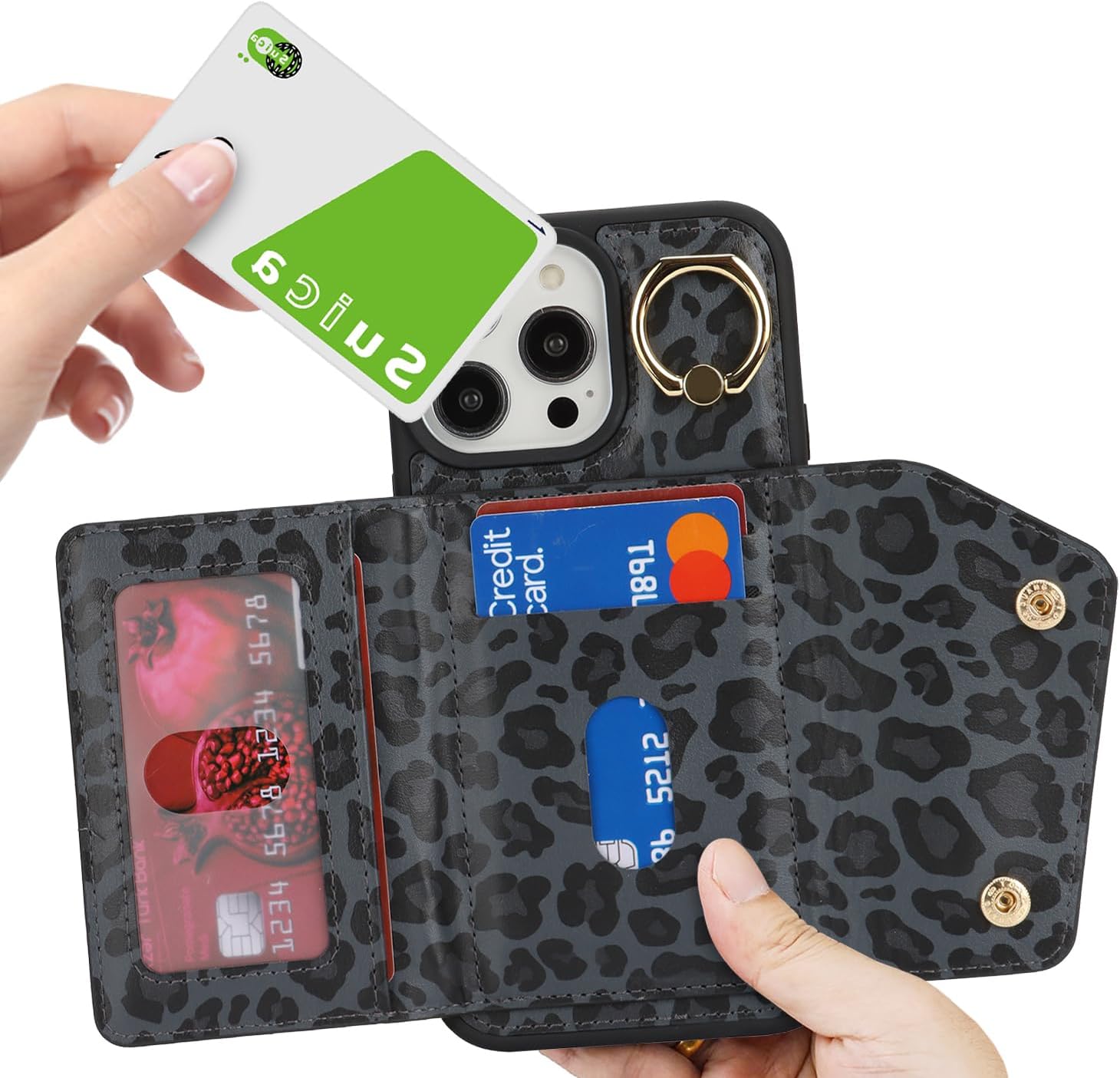 for iPhone 13 Pro Max/iPhone 12 Pro Max Case Wallet with Card Holder - Zipper Pocket,Card Slots,RFID Blocking,Stand Ring,PU Leather Double Snap Cover for Women(Black Leopard,6.7 Inch) - Image 3