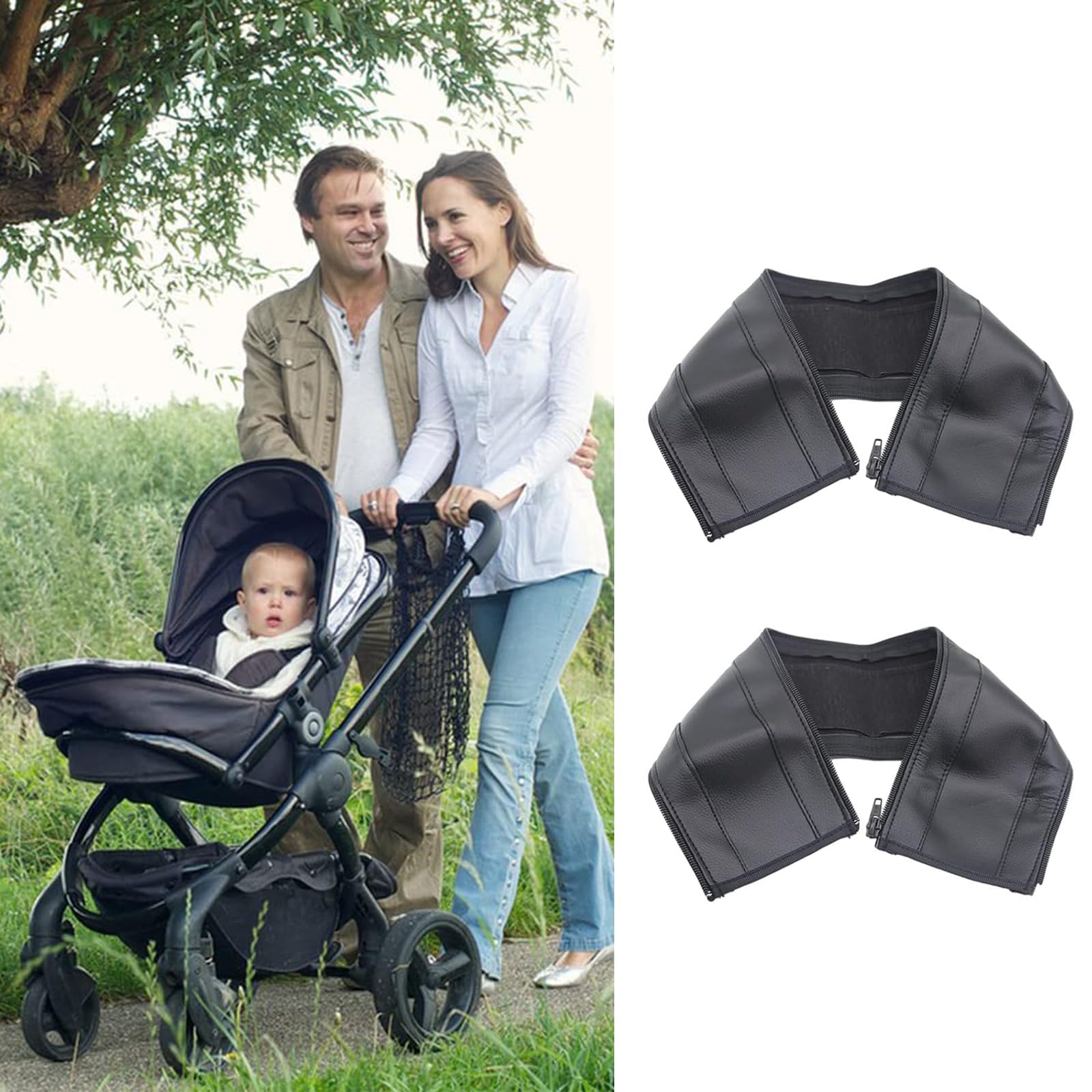 2 Stück Kinderwagen Griffbezug Baby Kinderwagen Griff Abdeckung Schwarz Universal Griff Staubdicht Pu Leder Buggy Zubehör Hand Schutz bequem und Universal Kinderwagen Schutzhüllen mit Reißverschluss