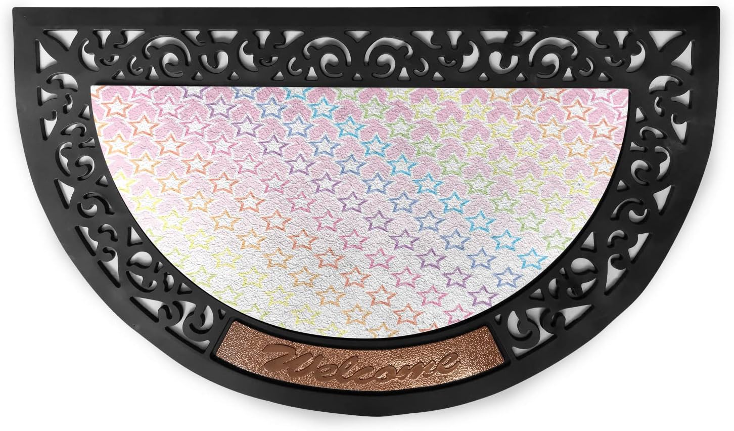 Ambesonne Star Doormat, Stars in Rainbow Colors Galaxy Milky Wayme Teen Pattern Print, Semi Circle Entryway Welcome Mat for Front & Backard 2 Pieces, 19.6" x 31.4", Pink Multicolor