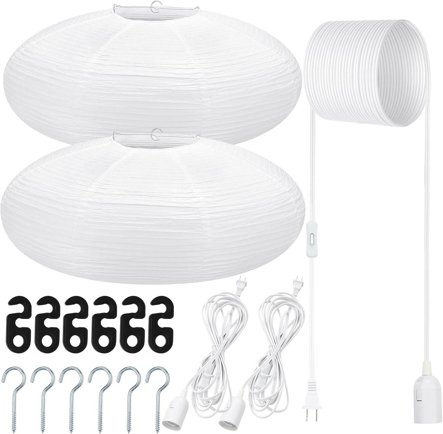 2 sets jumbo paper lanterns with lamp cord cable white hanging paper lanterns chinese japanese pendant hanging lamp for birthday wedding bridal anniversary party decoration (oval,22 inch)