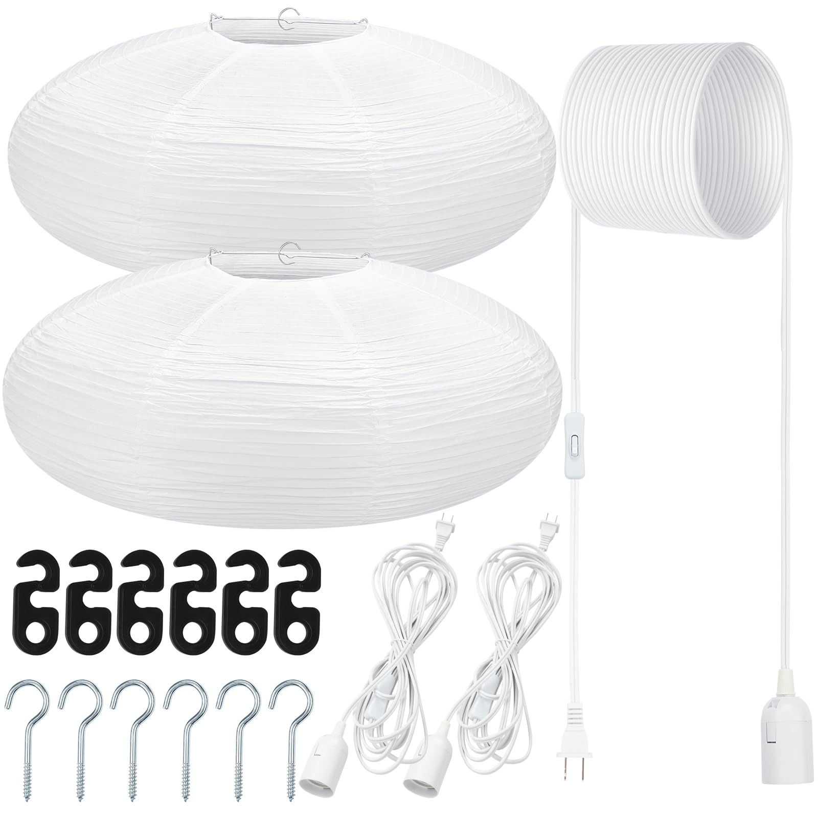 Rossesay 2 Sets Jumbo Paper Lanterns with Lamp Cord Cable White Hanging Paper Lanterns Chinese Japanese Pendant Hanging Lamp for Birthday Wedding