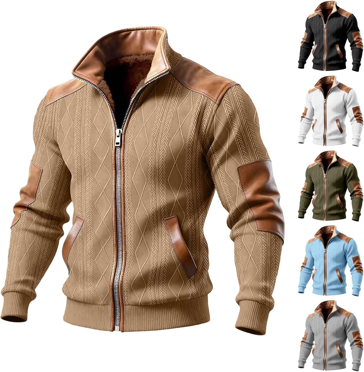 Cambkatl Stylish Patchwork Winter Coats for Men Stand Collar Warm Fleece Lined Zip Up Cargo Jackets with Pockets