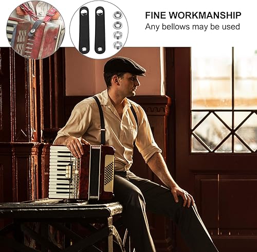 Miniatura 8 de EXCEART 2 correas de fuelle de acordeón de cuero negro con hebilla de repuesto para acordeón bajo, Negro -
