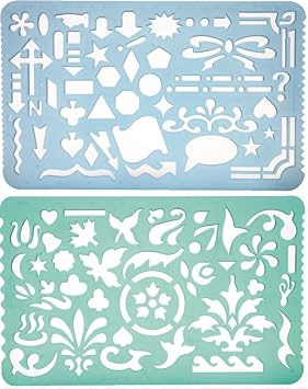 Set of 2 Plastic Stencil Art Templates Drafting Ruler with Various Cut Out Designs for Art and Craft Projects, Artistic Drawing, Tracing, Painting - Ideal for Professionals, Students and Kids