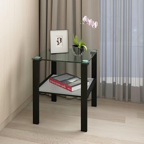 Miniatura 7 de Lamerge Square End TableSide Table,Glass Tea Table,2 Tier Accent Table, Classic Sofa Side Table with Metal Frame,Corner Table for Living