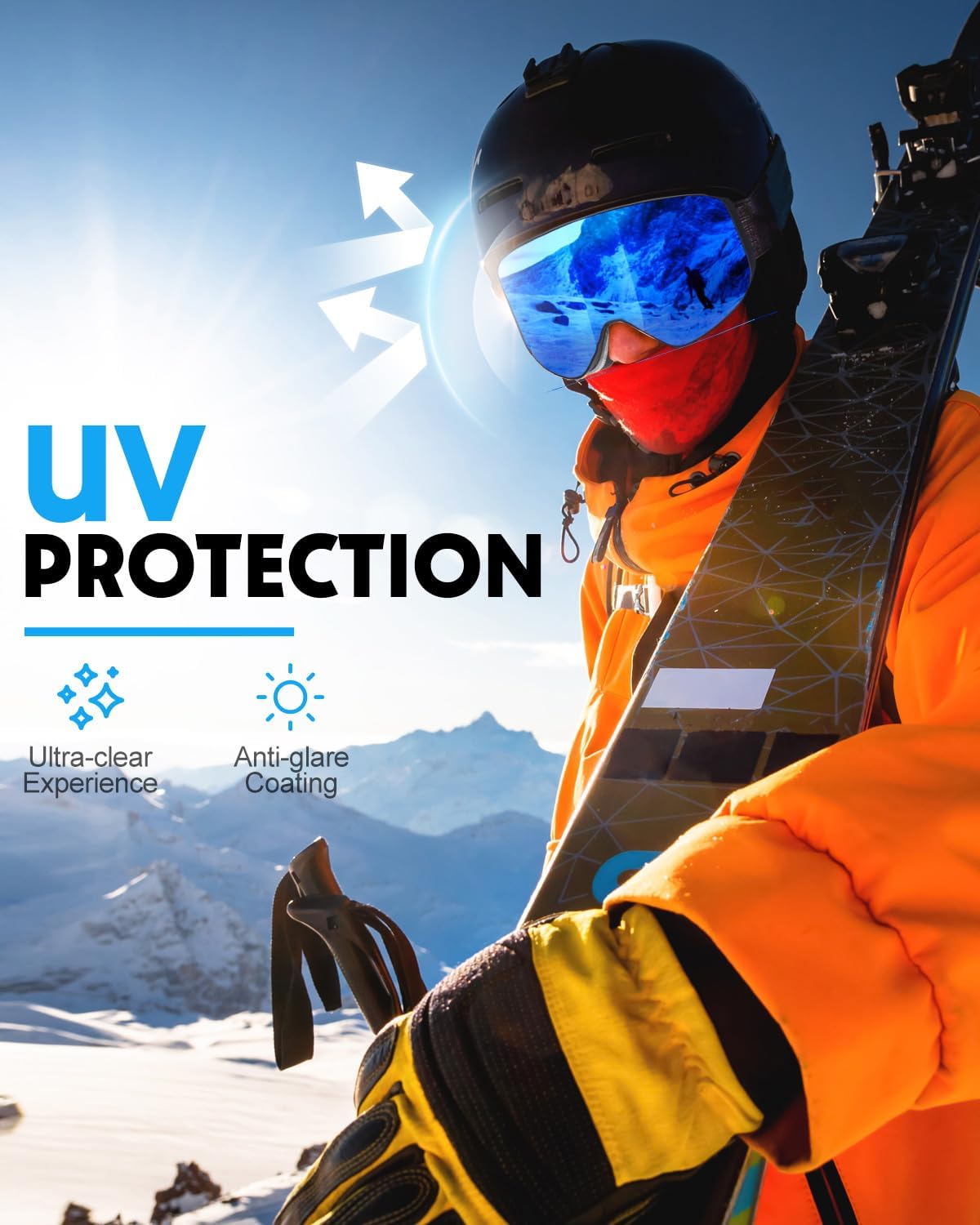 ski goggles, otg over glasses snowboard goggles with 2 uv400 anti-fog detachable magnet lenses for men&women adult ver.2 blue(vlt 16.3%) + clear (vlt 83.5%)
