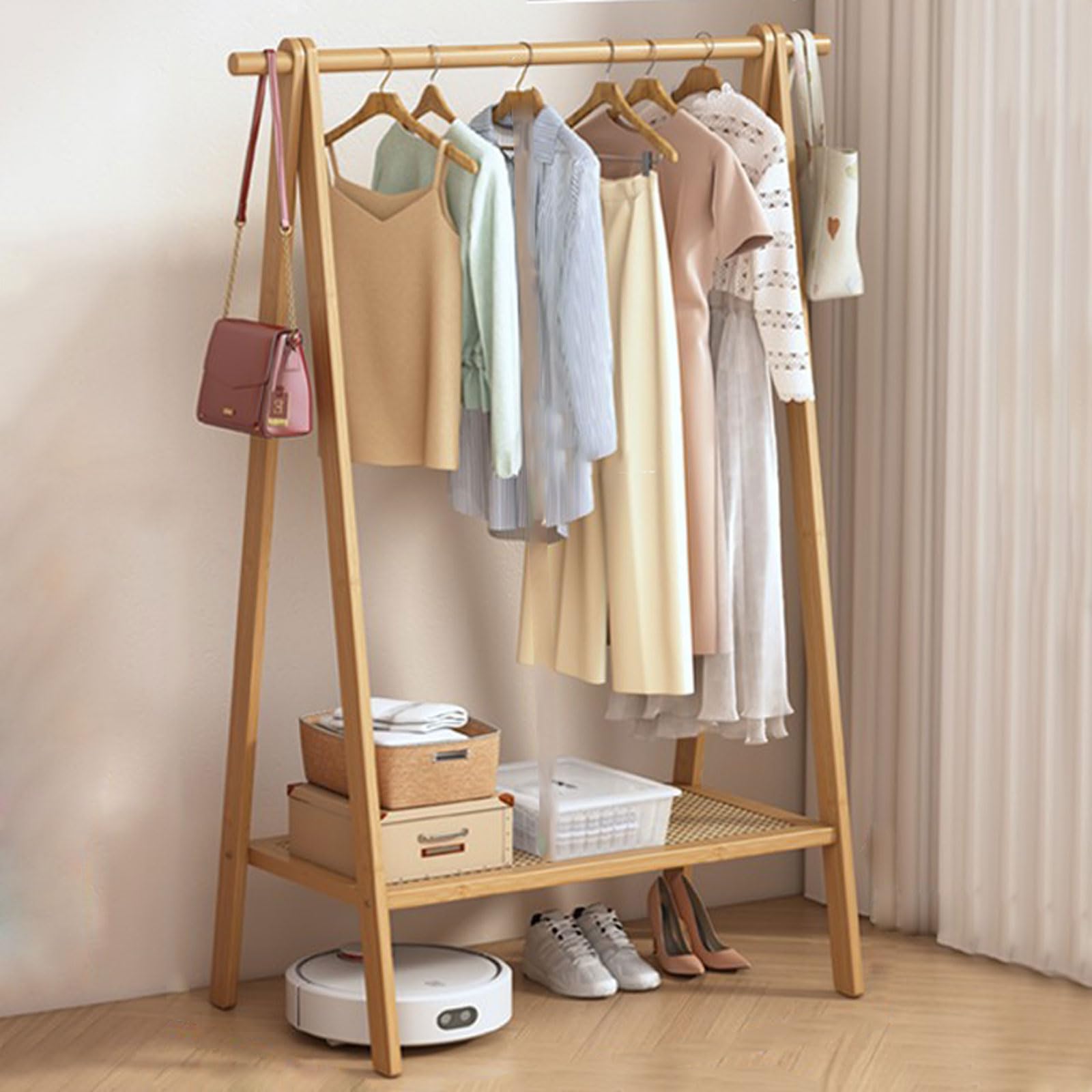 Étendoir à linge pliable en bambou avec étagères de rangement pour entrée et salon