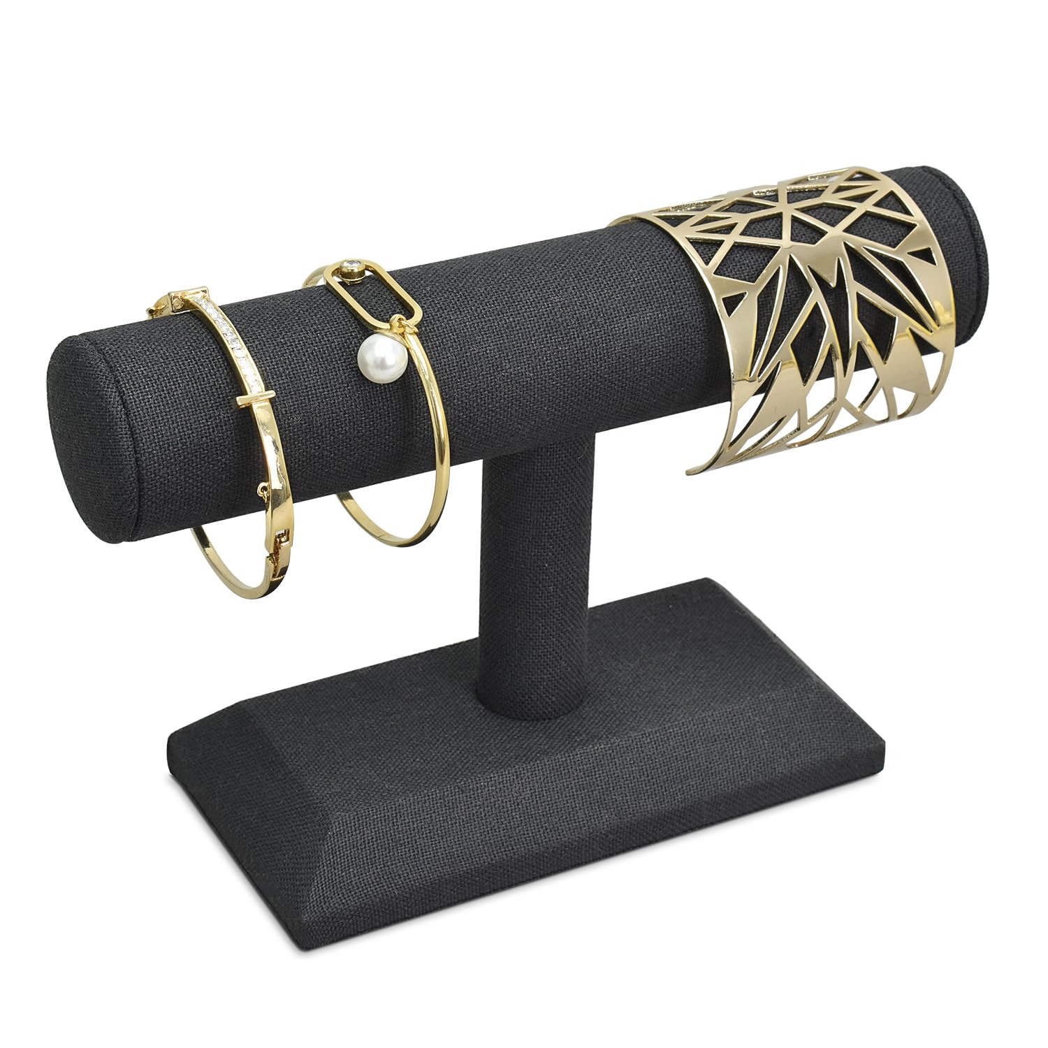 Linen-Covered Wood Jewelry Display for Bracelets, Bangles, and Watches - Ideal for Home Organization, Stores, Tradeshows, and Showcases - 7 3/4 W x 2 3/4 D x 5 H in, Black Linen