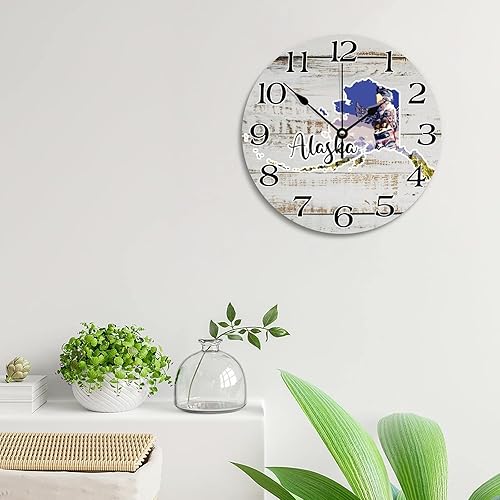Miniatura 2 de Reloj de pared con diseño de mapa de Alaska, atracción turística, 12 pulgadas, funciona con pilas, silencioso, sin tictac, para dormitorio, sala de