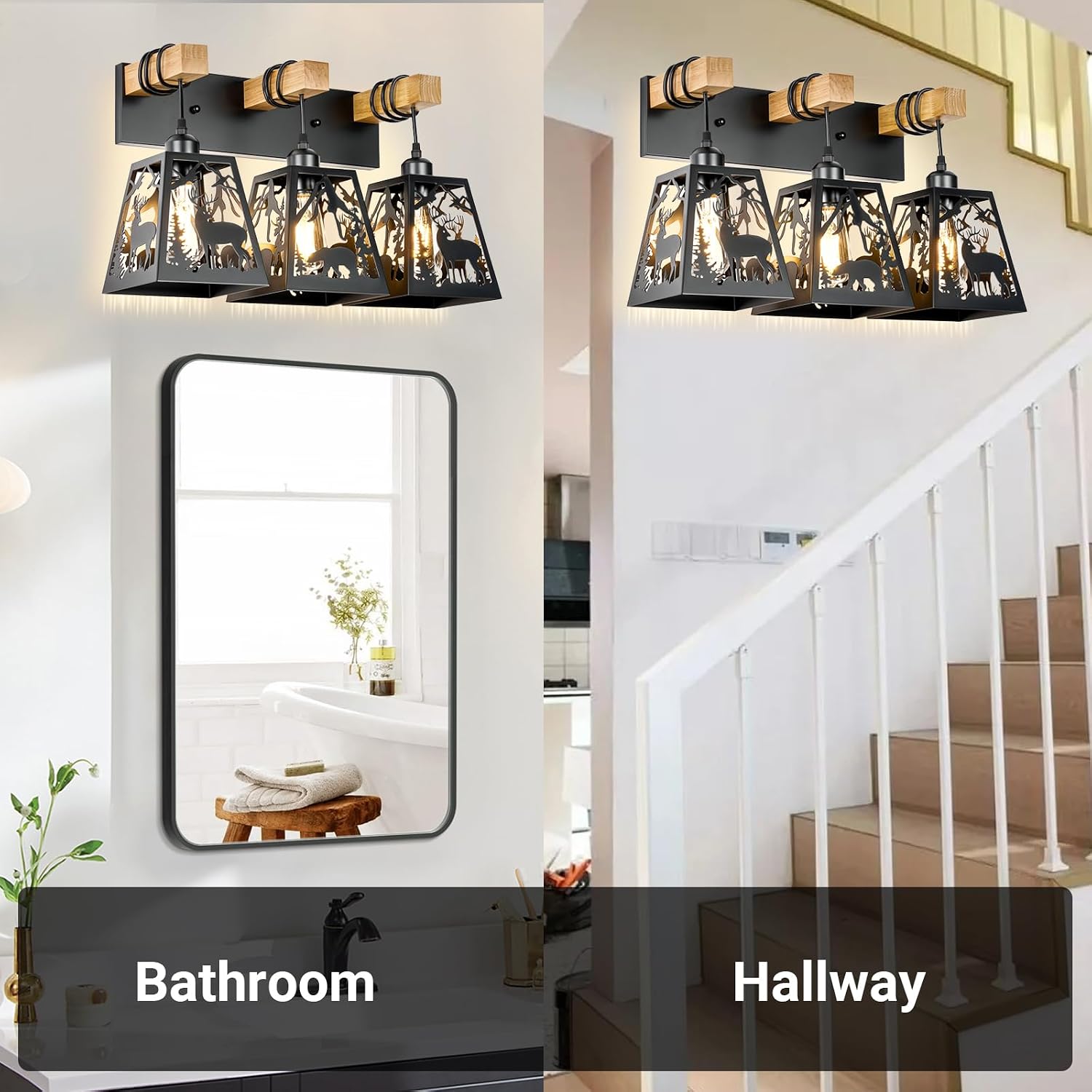 Rustic Bathroom Light Fixtures-Deer Bear,3-Light Metal Shade Wood image 4
