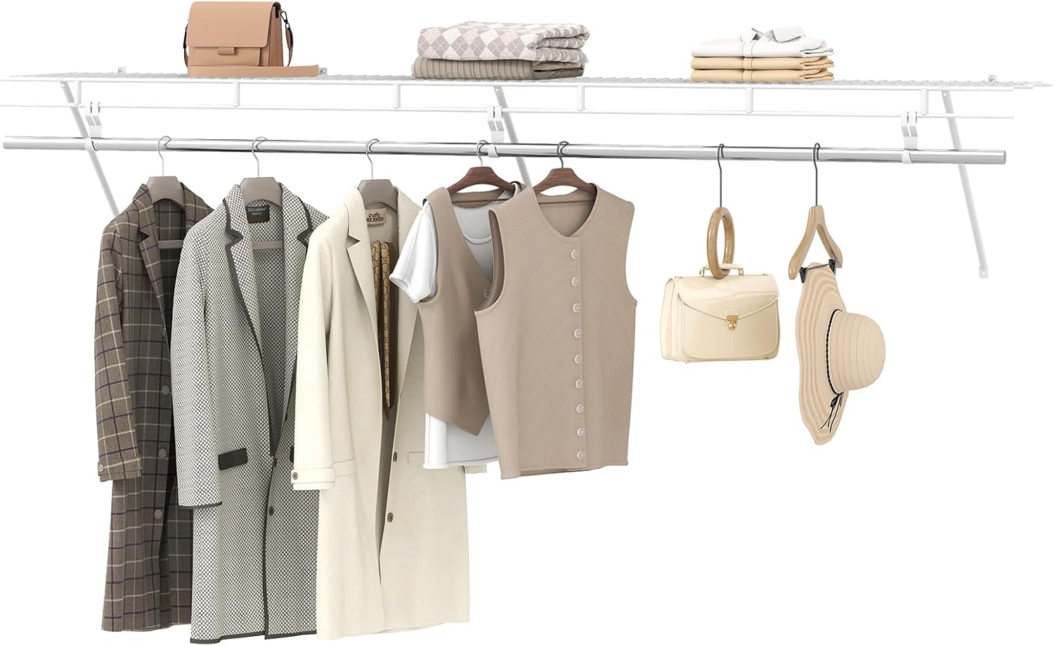 GOFLAME Wall Mounted Closet Shelf with Hanging Rod, 6 ft x 12” Metal Wire Storage Shelf & Clothes Rod Organizer, Wall Shelving Kit for Bedroom, Laundry Room, White (6 ft)