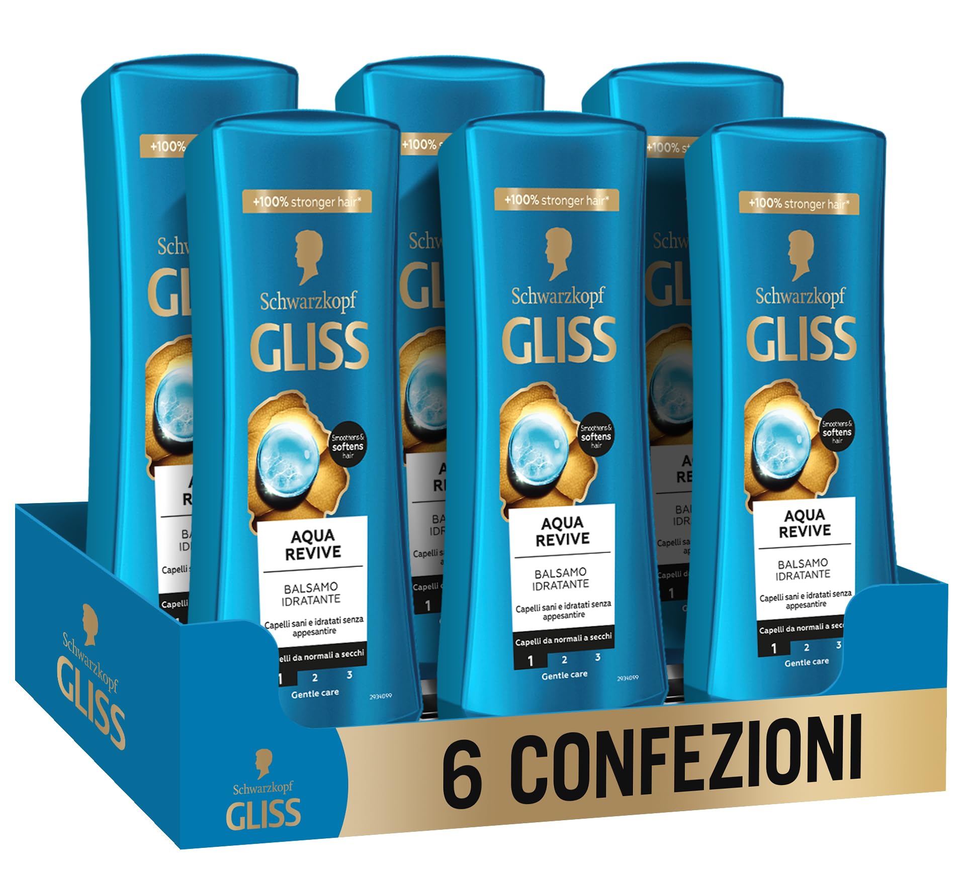 Schwarzkopf Gliss Aqua Revive odżywka nawilżająca, 6 opakowań po 200 ml, odżywka wzbogacona kompleksem hialuronowym i wodorostów, produkty do włosów normalnych i suchych