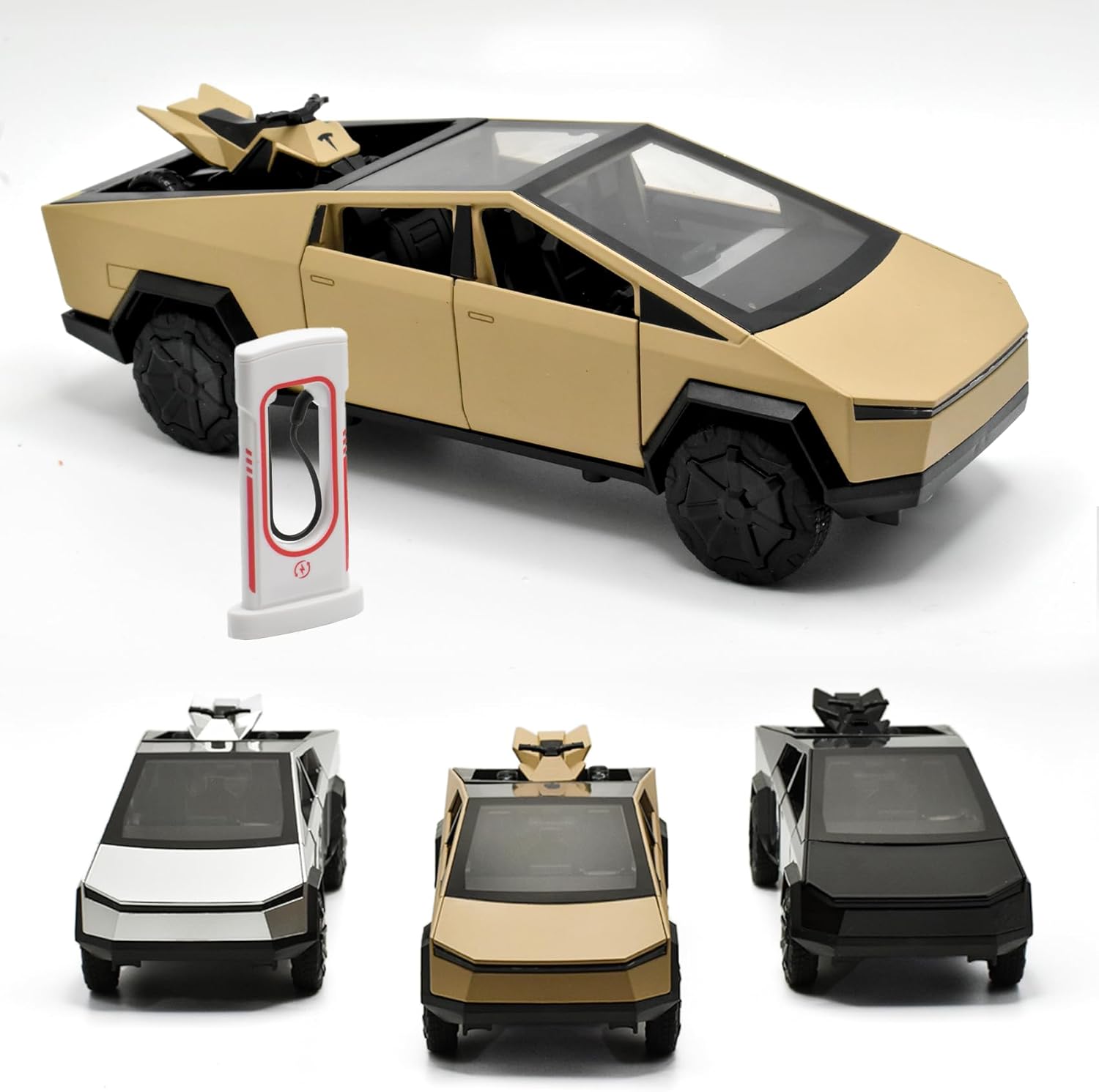 Toy Trucks for Kids Ages 4-8 | Light Up, Sounds, ATV, Pretend Charging Station Pull Back Car | 1 32 Diecast Model Cars Pick Up Truck Toys | Durable STEM Model Kit for Boys & Girls (Cyber Gold)