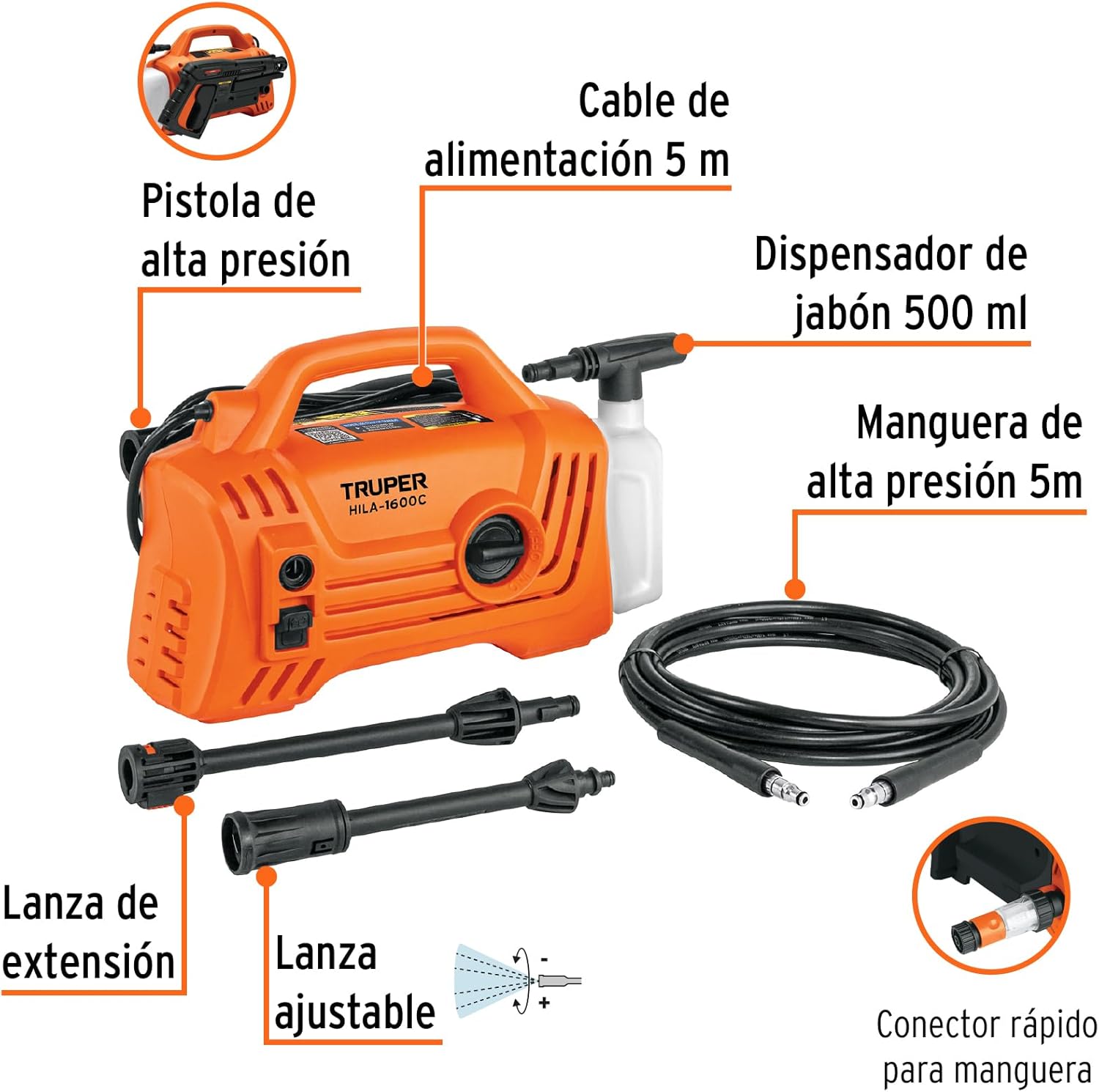 Davant view of the Truper HILA-1600C Compact Electric Pressure Washer