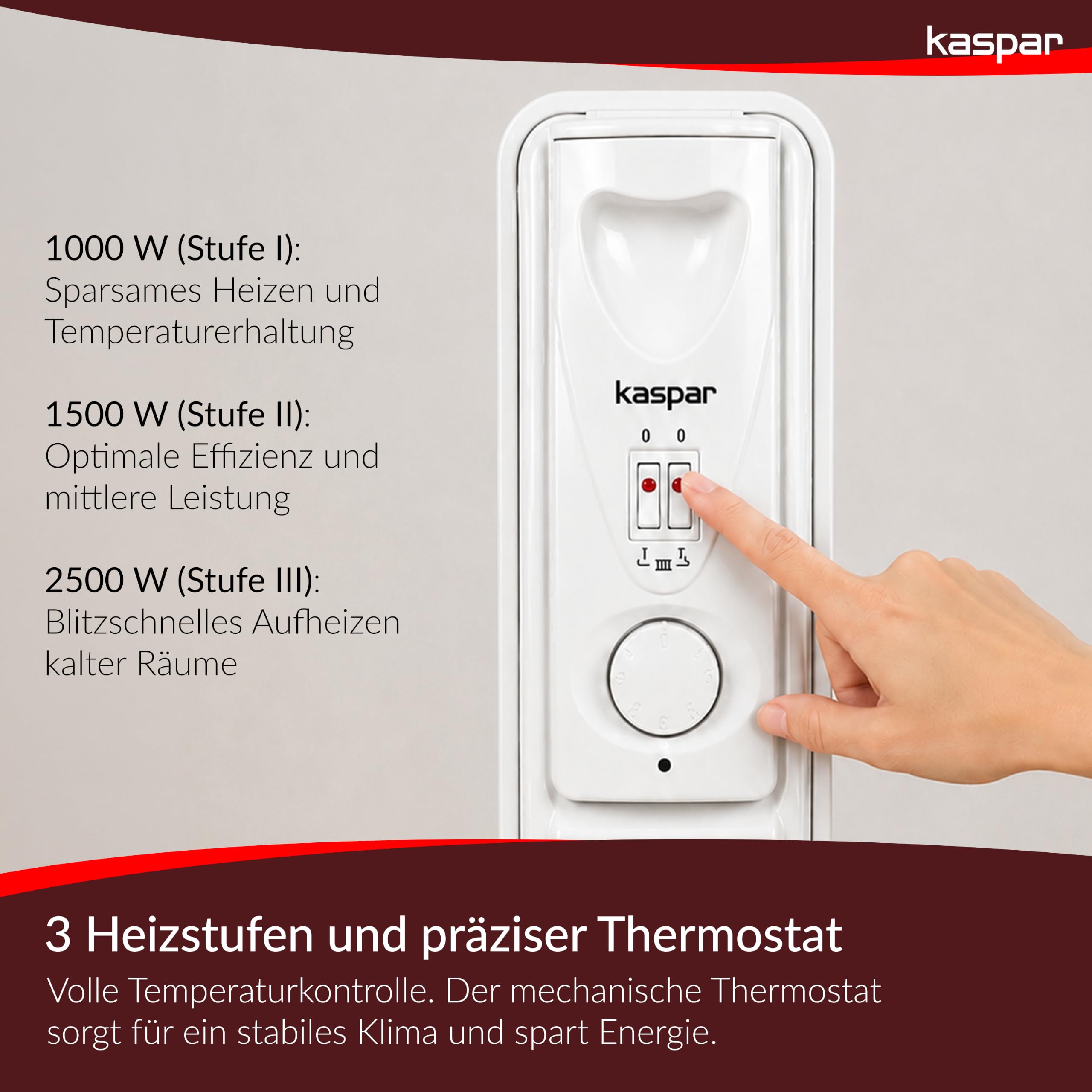 Kaspar Heizkörper elektrisch, 2500 W, 13 Rippen, Rollen, Grau