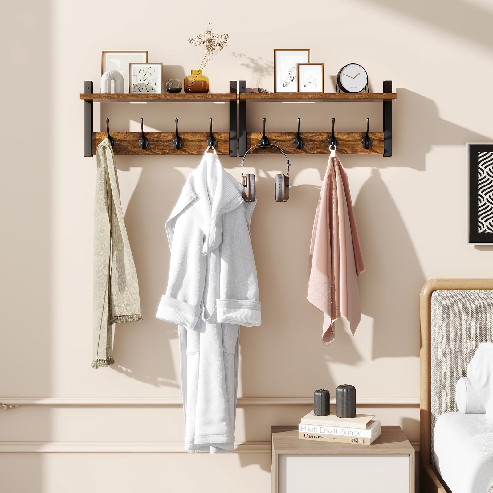 YMYNY Lot de 2 Patères Portemanteaux pour Entrée, Porte Manteau Mural, Meuble Entrée,Vestiaire Flottant, Étagère Suspendue, pour Chambre, Salle de Bain, Marron Rustique et Noir HWS001H-2