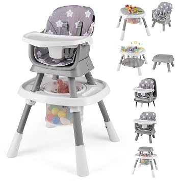 HONEY JOY 16-in-1 Baby High Chair, Convertible Highchair for Babies and Toddlers/Booster Seat/Activity Center with Toys, Building Block Table & Stool, Safety Harness, Removable Cushion & Tray Gray