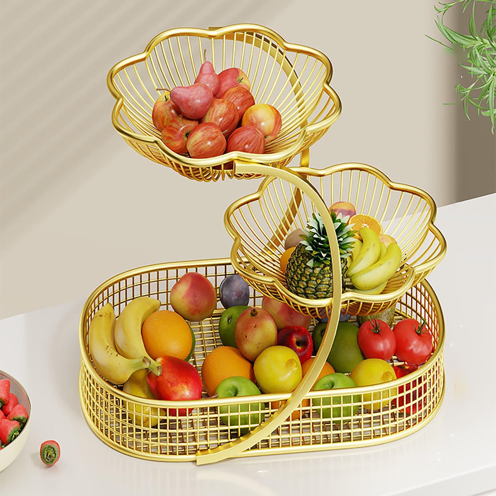 Large Metal Fruit Basket For Kitchen Counter Deep Wire Bowl Vegetable Storage Countertop Organizer For Bread Snacks(Yellow)