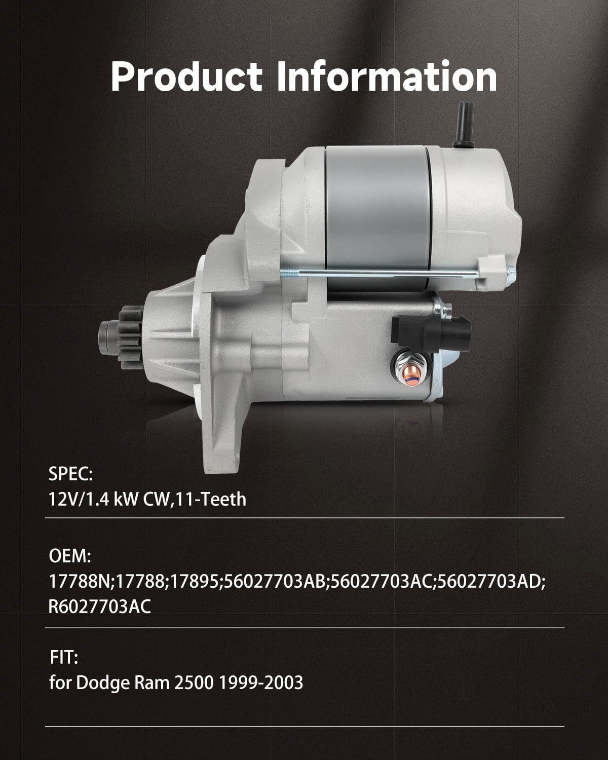 OCPTY Starter Fit for Dodge Ram 2500 1999-2003 Replace 17788N