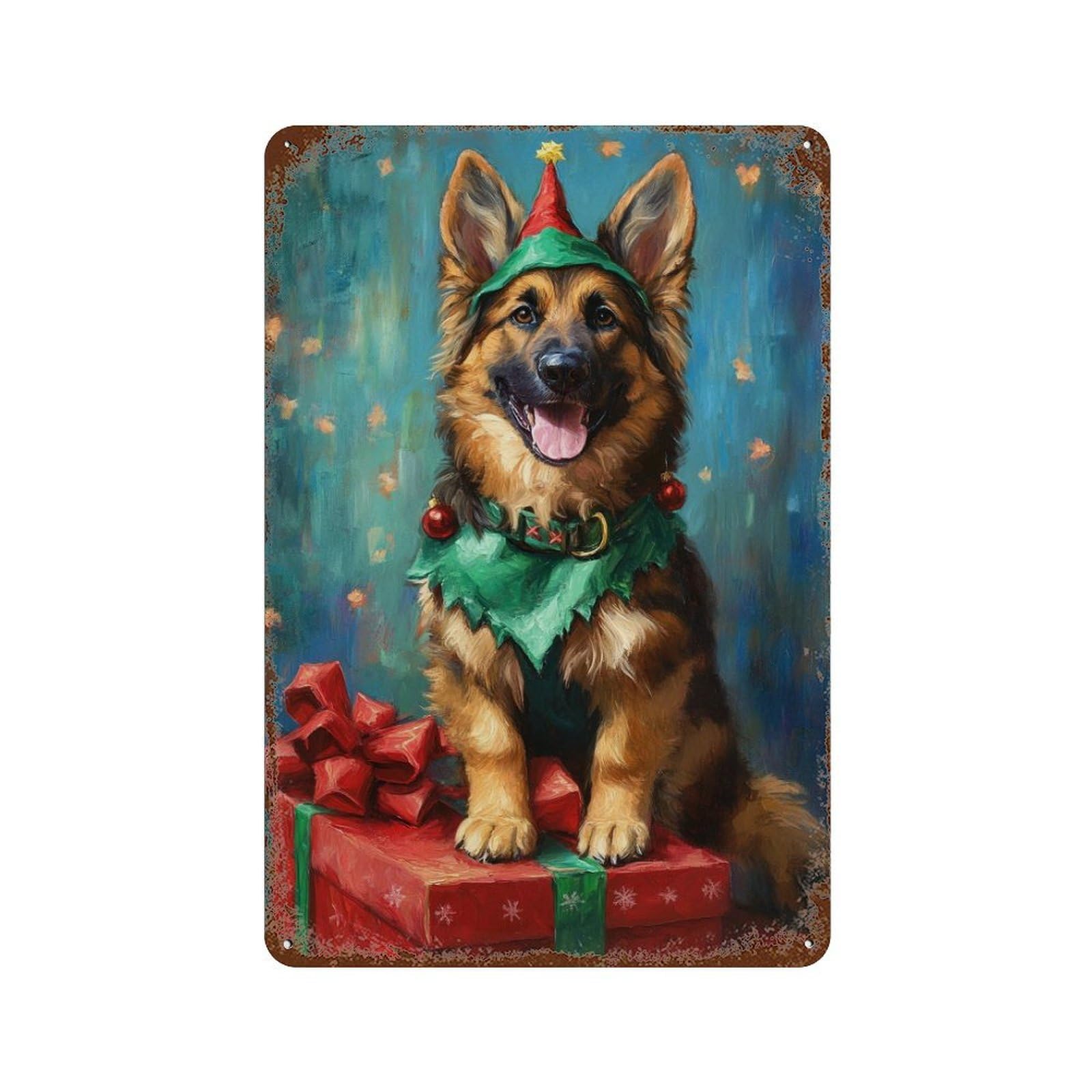 Weathered Tin Sign Christmas German Shepherd Dog 11.8"x7.9", Rustic Home Decor for Bistro, Counter And Cafe Decor