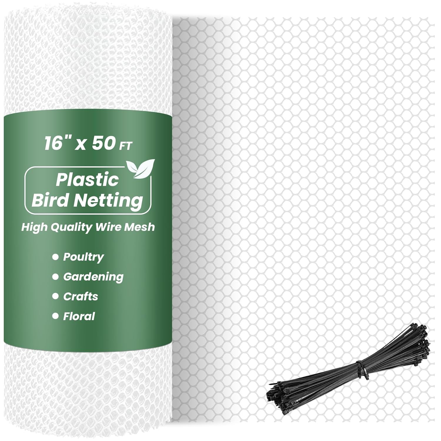 16IN x 50FT Plastic Chicken Wire Mesh, Chicken Wire for Floral Arrangements, Chicken Wire Mesh for Crafts with 100 Pcs Zip Ties, Mesh Fence for Dogs, Deers, Poultry