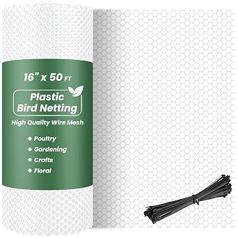 Toolterritary 16IN x 50FT Plastic Chicken Wire Mesh, Chicken Wire for Floral Arrangements, Chicken Wire Mesh for Crafts with 100 Pcs Zip Ties, Mesh Fence for Dogs, Deers, Poultry