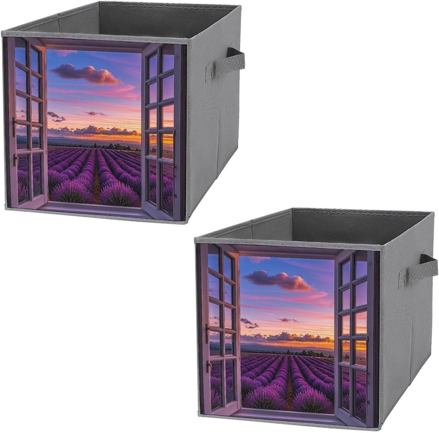 Purple Sunset Lavender Flower Foldable Storage Box with Handles, Durable Oxford Storage Cubes, 2PCS Collapsible Closet Organizer for Home, Shelf, Office, Travel