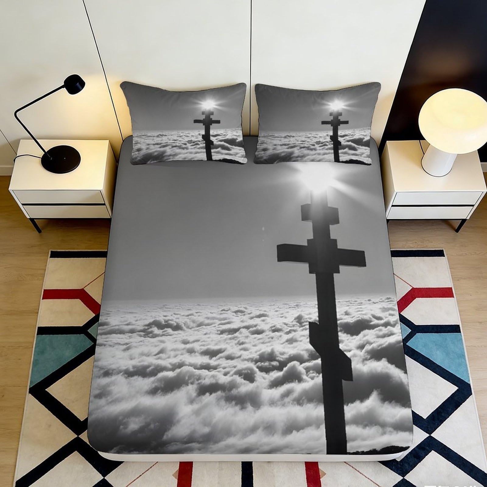Pnayamiorkfel Style-3 3D Printed Cloud Horizon Fitted Sheet Microfiber Soft Breathable Cross Sunset Bed Cover For Bedroom Dorm Decor 90X200x25cm
