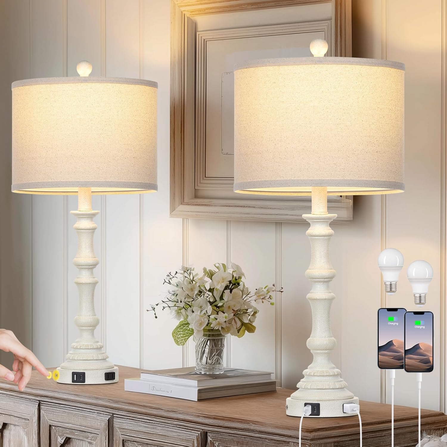 27.5" White Tall Lamp for Living Room, Vintage Farmhouse Table Lamps Set of 2 with USB C+A Ports & AC Outlet, 3-Way Touch Control Bedside Lamps, Rustic Bedroom Lamp for Nightstand Side Table