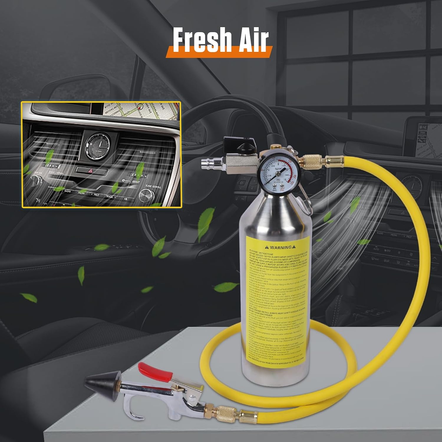 AC Flush Kit with Pressure Gauge, Relief Valve, Spray Head & Hose - HVAC Cleaner for R410A, R134A, R22 Refrigerants Air Conditioner Pipe, Condenser, Evaporator
