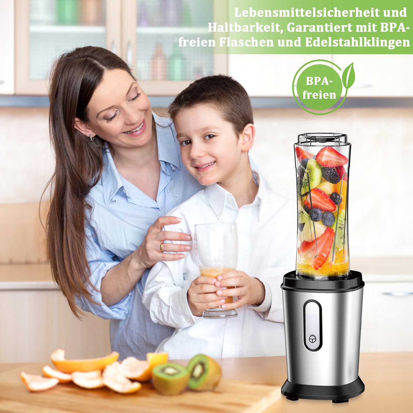 Mixer, 500W Mini Standmixer & Smoothie Maker mit 2x600ml Flaschen BPA frei Tritan, Tragbarer Mixer Smoothie Maker aus Edelstahl 4-Blatt für Shake, Smoothie, Silber (Silber)