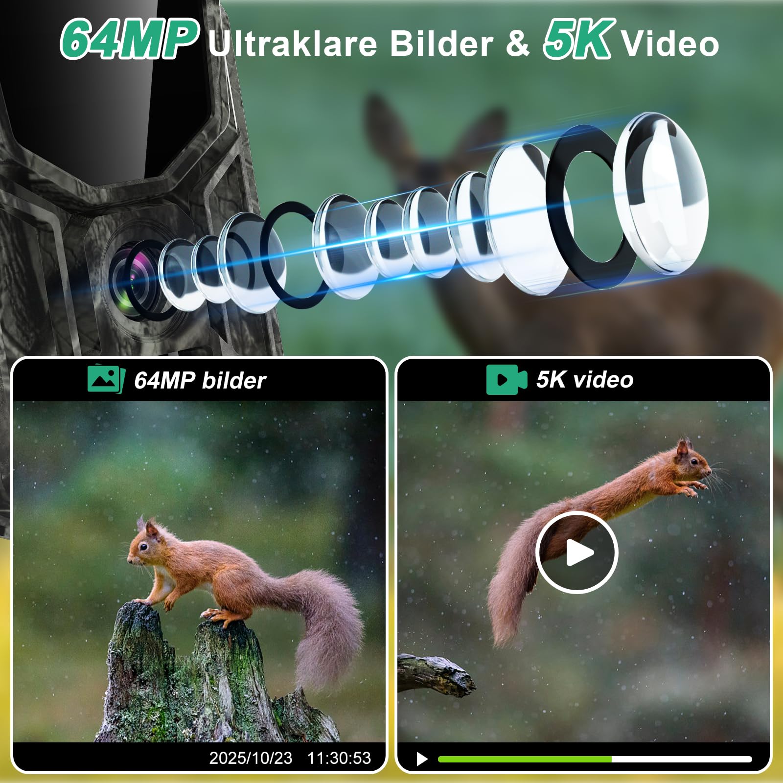 Lutranstra 5KB Wildkamera mit Handyübertragung App, 5K/64MP HD, 7800mAh Akku, Infrarot, Nachtsicht, IP66