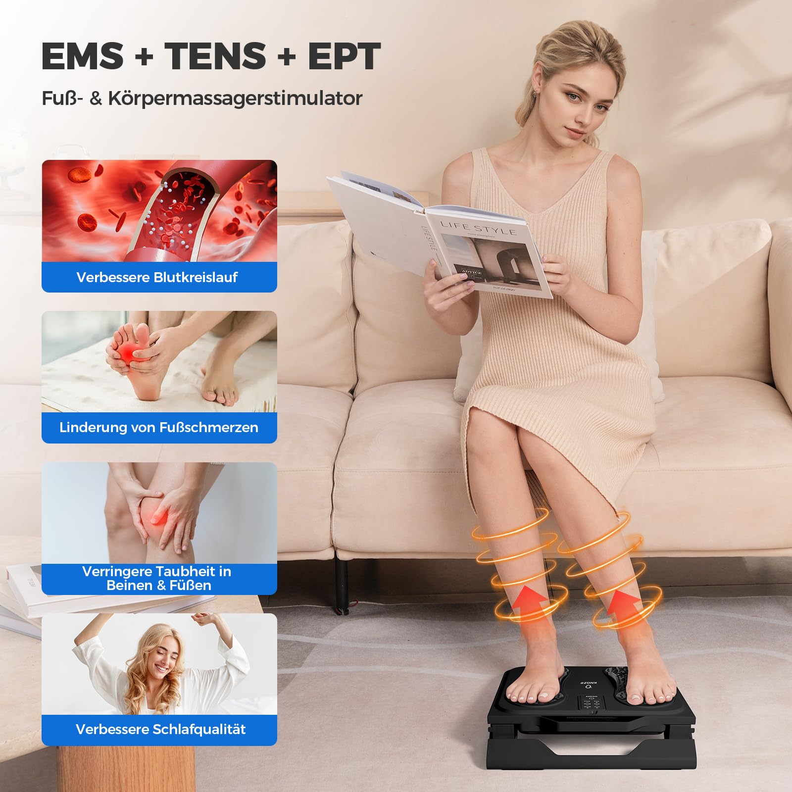 KNQZE EMS Fußmassager mit TENS, 10 Modi, 20 Stufen, 4 Elektroden, Schwarz | EMS-TENS-Fußmassager Durchblutungsstimulator, 10 Modi, 20 Stufen, 4 Pads, Gegen Schmerzen, Senioren & Büro, Schmerzlinderung