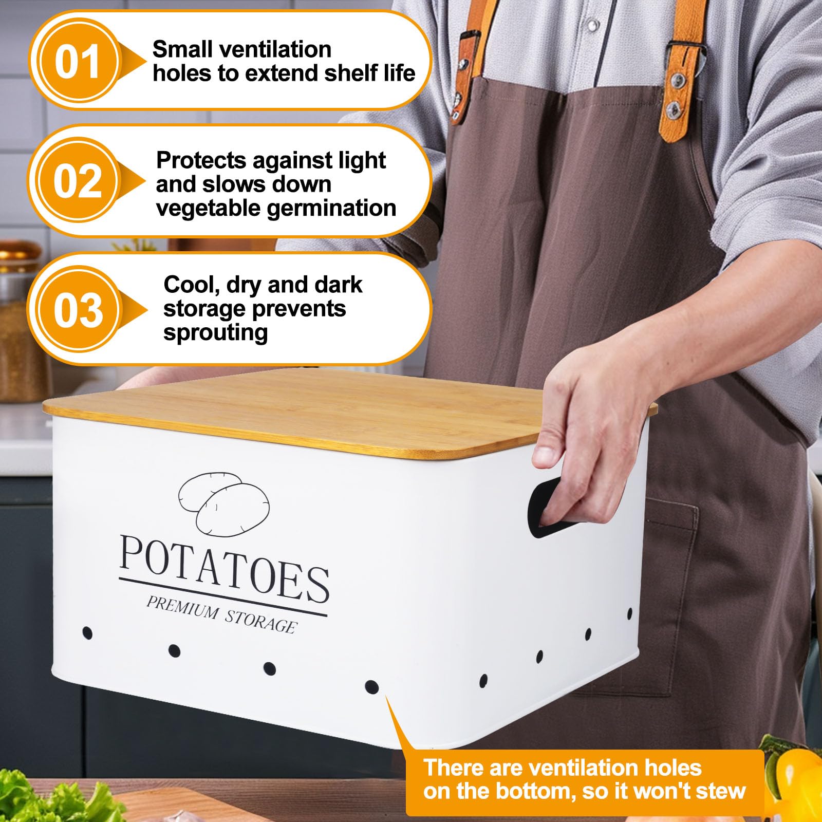 Avmvnvc Porta Patate, Porta Aglio e Cipolla - Set di 3 Contenitore Patate con Coperchio in Bambù - Contenitori Dispensa Cucina - Prolungare Freschezza Delle Verdure (Bianco, Quadrato