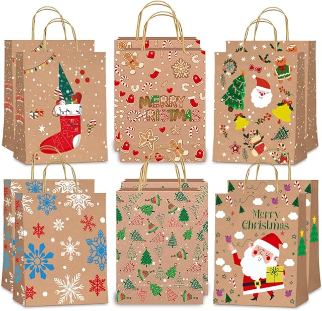Christmas Gift Bags Kraft Christmas Bags for Presents Christmas Paper Bags with Handle 12 pcs Xmas Gift Bags for Christmas Party Gift