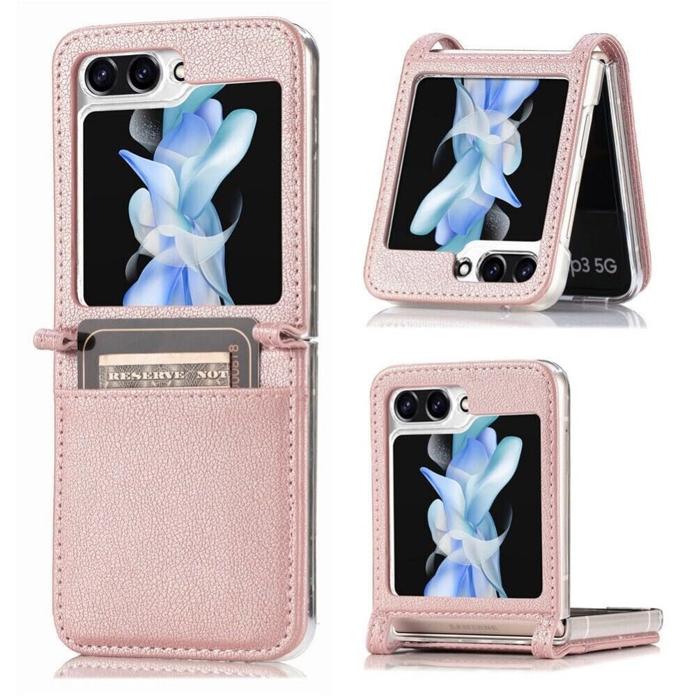 Étui Galaxy Z Flip 5 cuir antichoc or rose premium avec finitions soignées et porte-carte