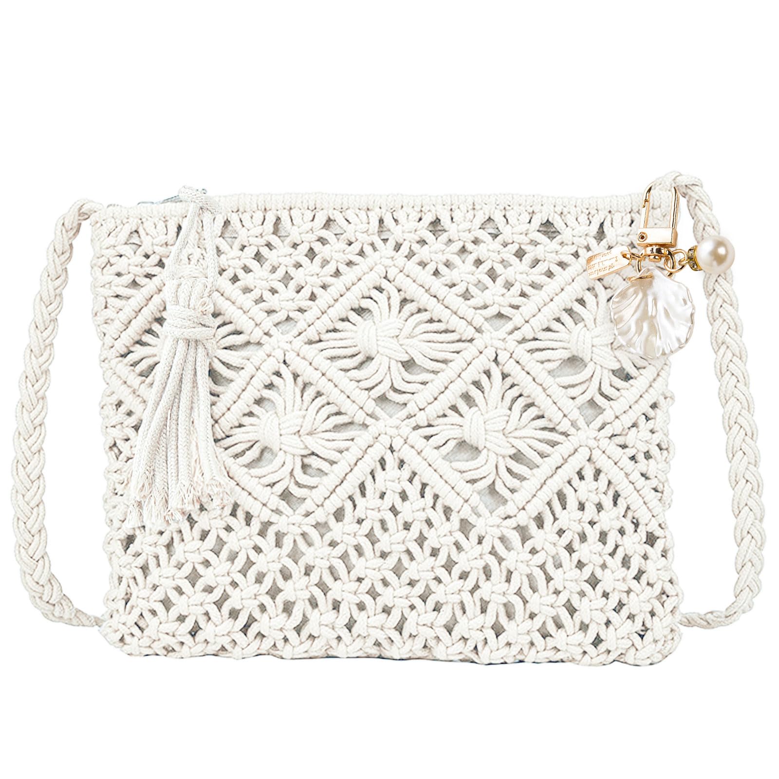 UILYNIU Bolso cruzado blanco para mujer con accesorios de concha de playa, bolso tejido hecho a mano, bolso de hombro pequeño blanco bolso de mano bolsa de paja bolsa de playa bolsa de mensajero bolsa